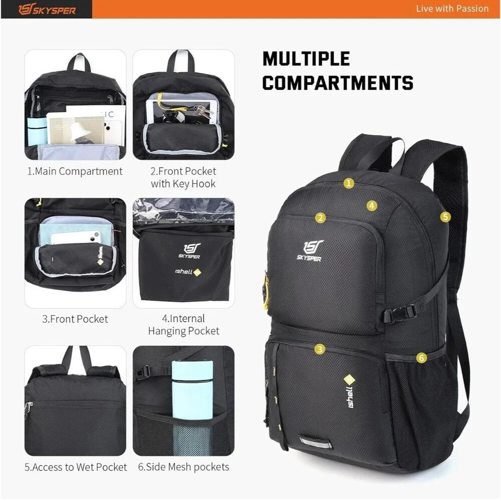 SKYSPER Lightweight Packable Backpack - 30L Hiking Daypack with Wet Pocket Fo...